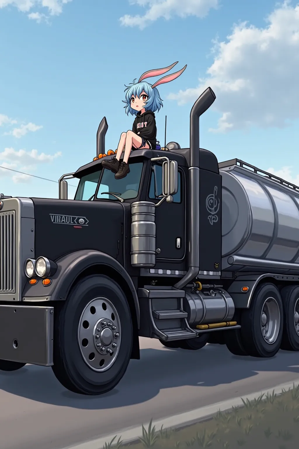 Anime, Cute, skinny, short, furry, light blue, bunny, boy, femboy, black thigh highs, black booty shorts, black cropped hoodie, sitting on the hood of a 1998 black kenworth w900 with a pal white stripe on the side pulling a silver fuel tanker triple axle t...