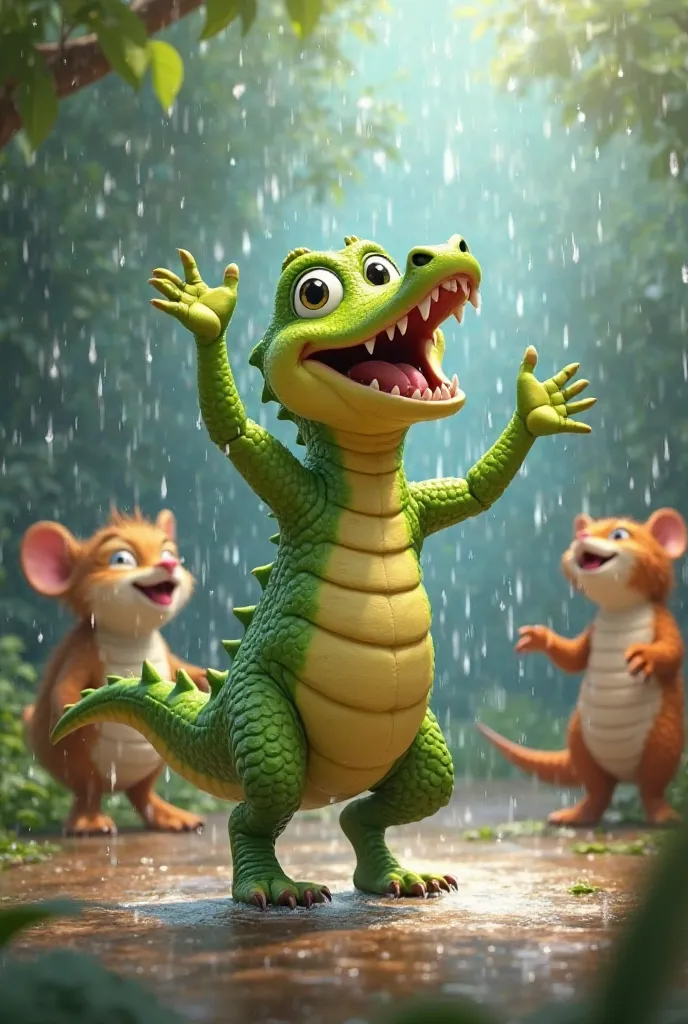 But then, a big rain started to fall! But Lilo the baby Crocodile wouldn't stop dancing. He danced in the rain, Happy as never! While the other animals watched him dance 