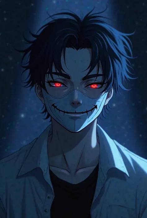  stand front the shadow, beautiful face mask, wear a mask,background is dark blue and black aura light, animé style, face close up,he  big smiling like a scum , dark blue hair and white hilight, light on he face, handsome and elegant, white shirt, shiny re...