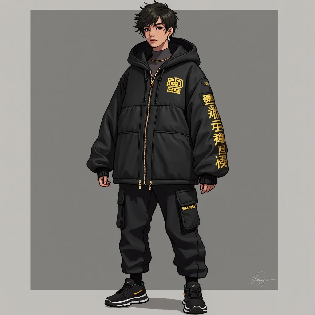 Here's a shorter version of the instructions for the AI to create the character:

---

** Character Description :**

**1. vestuário:**
- **Black oversized jacket with gold details:** voluminous turtleneck,  large hoodie , gold front zipper, wide and short ...