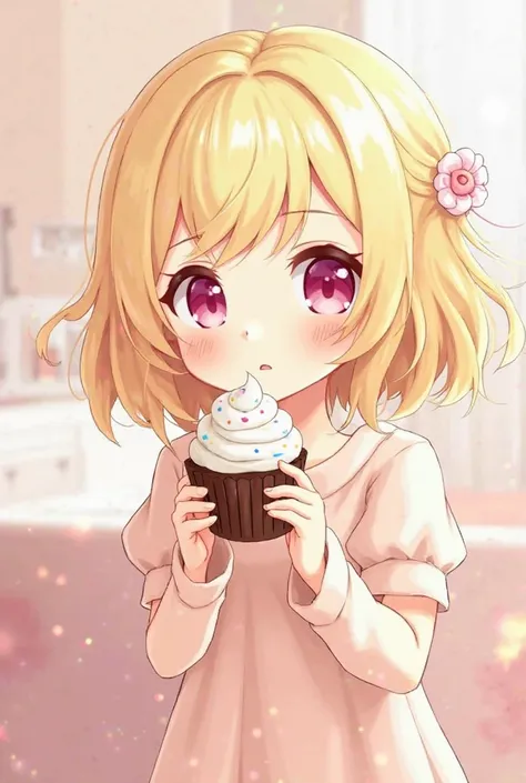 Cute Anime Girl with pink eyes and blond Hair, eating cupcake