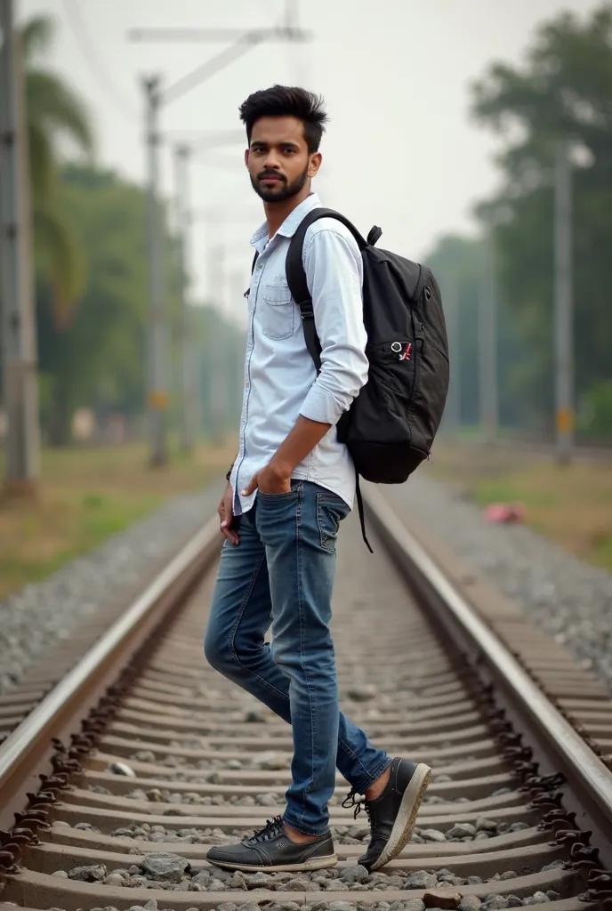 there is a young man standing on a train track with a backpack, a picture inspired by Saurabh Jethani, pexels contest winner, realism, casual photography, with a cool pose, cool pose, modeling shoot, casual pose, looking heckin cool and stylish, shot on so...