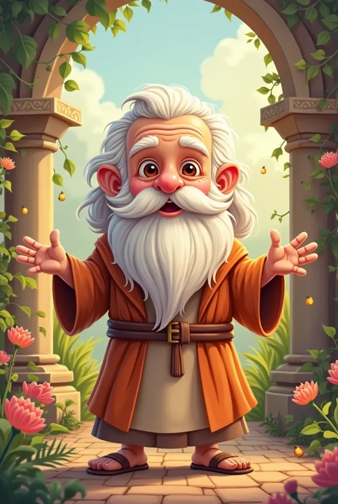  Cute and playful image , super , cute cartoon style, Of the elderly Abraham from the Bible, intended for literature , public between the ages of 3 and 6.