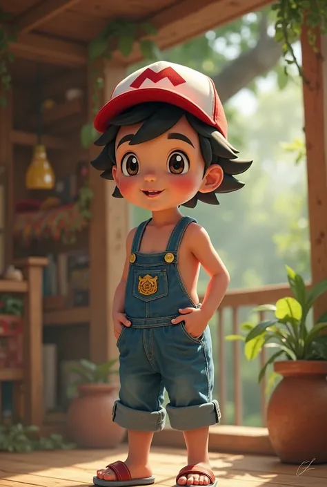 young boy Ash Ketchum can you believe I'm wearing Osh Kosh B' Gosh overalls? logo on front pocket cap shirtless undressing strap slip briefs feet treehouse