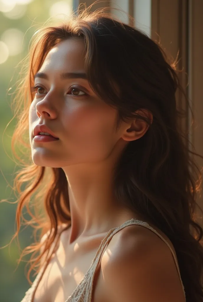 
“A realistic digital portrait of a young woman in profile, with soft natural lighting highlighting her facial features. She has long, slightly wavy hair cascading over her shoulders. Her expression is calm and confident, with well-defined eyebrows and smo...