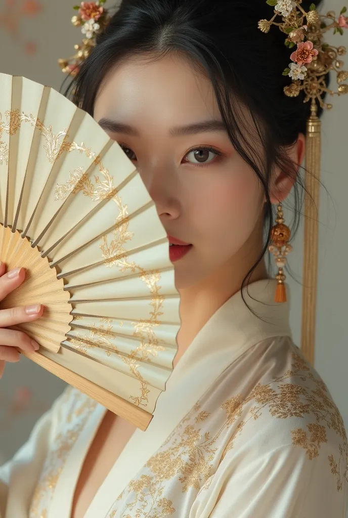  Chinese women ，Beautiful and exquisite，Close your eyes、 face close-up、white costume clothes、The tone is gilt gold、The fan partially covers the face、Other Chinese style color support