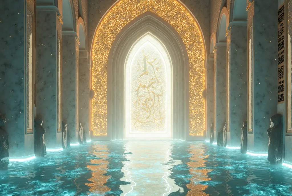 A towering pearl-encrusted archway, glowing with a divine, ethereal light, stands as the entrance for those who were steadfast in their prayers. The door itself is made of luminous white marble, inscribed with the names of the righteous worshippers in eleg...