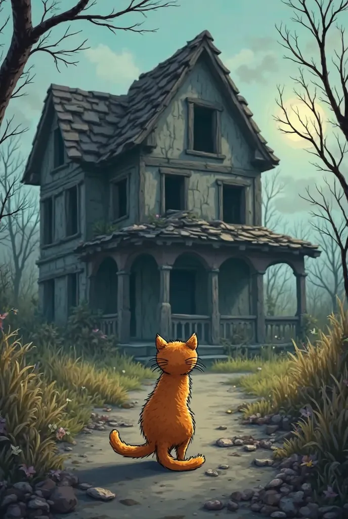  a cat is standing in front of a ruined, abandoned house and crying a lot. It should be a cartoonish plot because I want to make a cartoon video. The difference is that the cat looks very beautiful and walks on two legs."