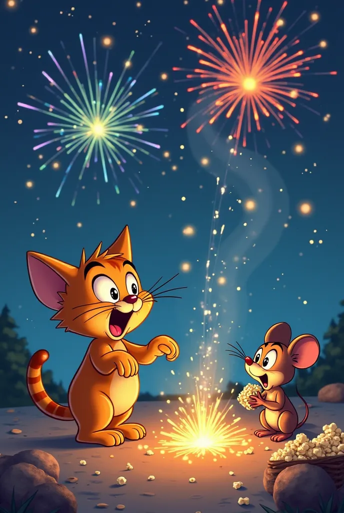 "A funny Disney-inspired illustration of a cat accidentally stepping on a firework, looking surprised as sparks fly. The mouse is sitting nearby, enjoying popcorn while watching the scene unfold. A night sky with colorful fireworks exploding in the backgro...