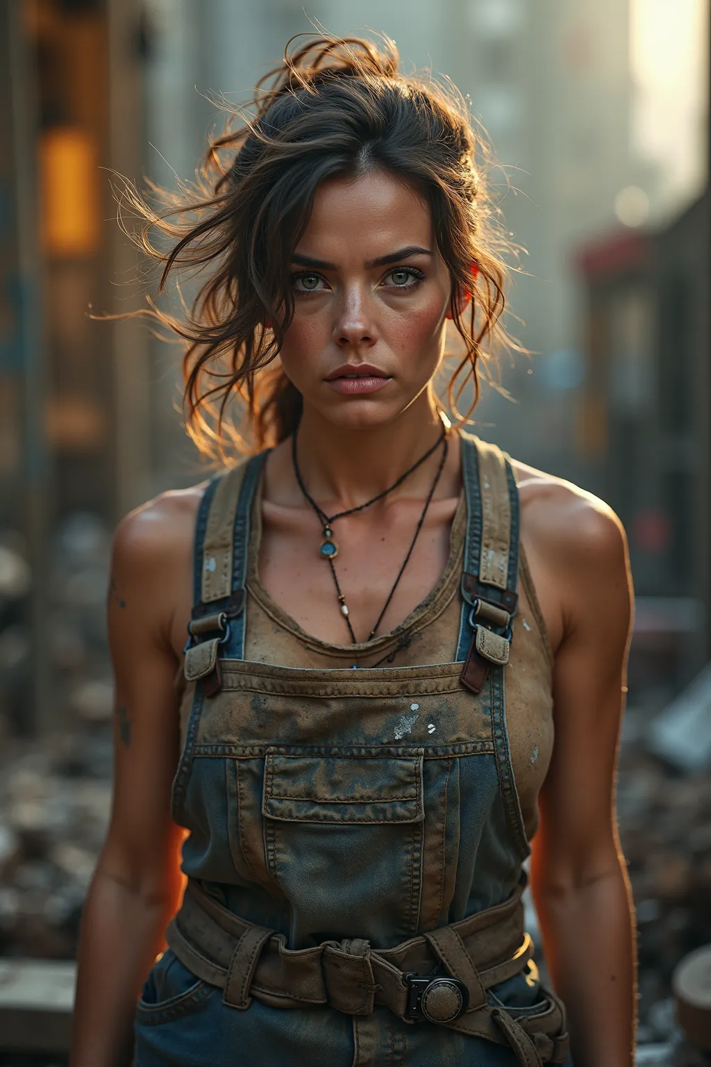 Full body shot of female construction worker, Messy hair, dirt on skin and clothes, working process, photorealistic, sharp focus, cinematic lighting, high detail, ultra HD, 8K resolution