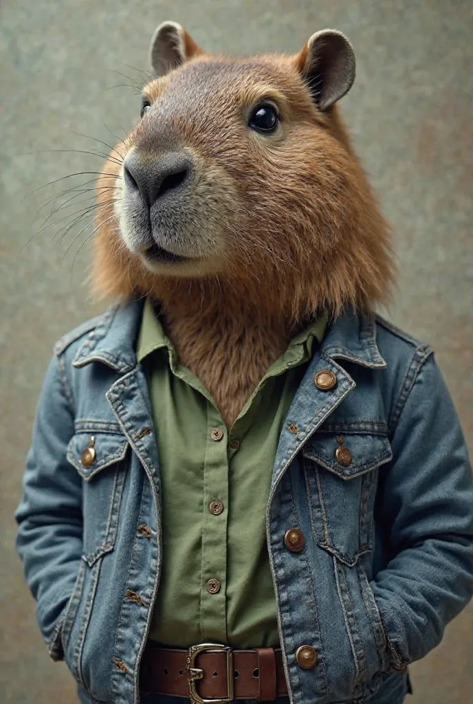 Image of capybara wearing a Jean jacket and green blouse with black hair