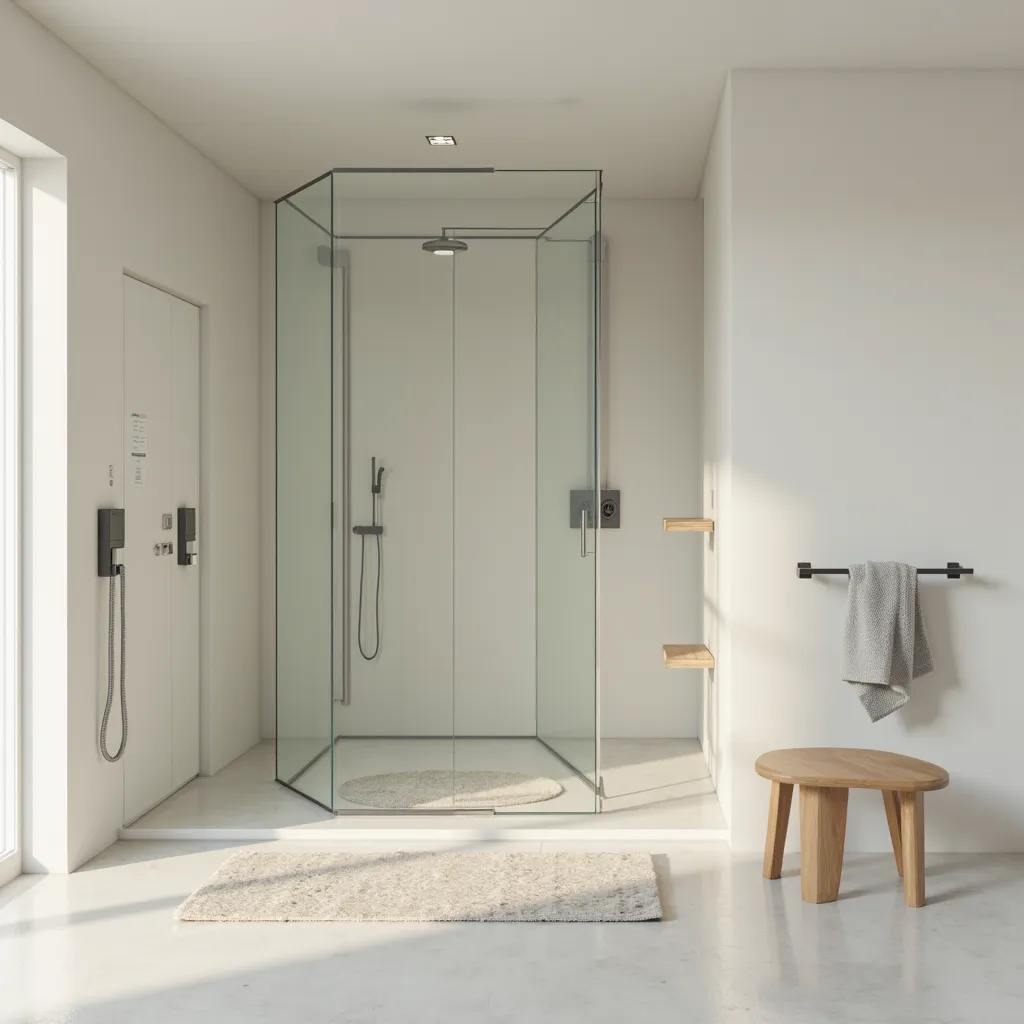 Create for me a photorealistic 3D illustration. Create a simple environment to host, a room that contains a square glass box in the corner and shower in this bathroom, floor and anti-slip rugs and insurance on the walls next to the equipment to provide mor...