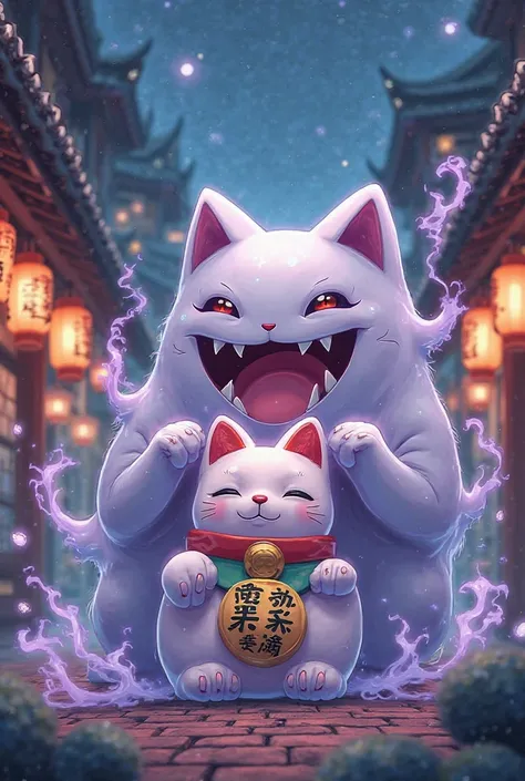 Kind of scary Pokémon Gengar helping Maneki Neko in anime format as Pokémon
