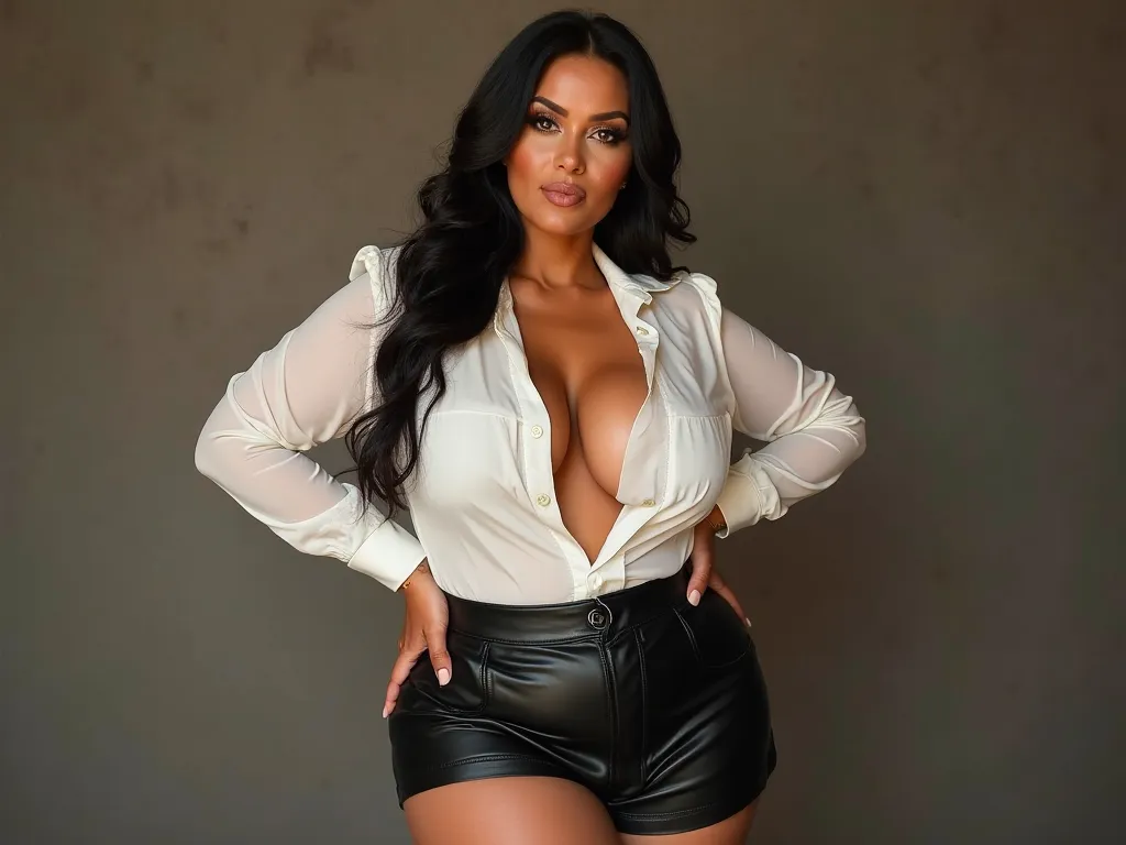 realistic image top quality, Captivating a Latin woman, tanned skin, 50 years, sexy and hot, PLUS SIZE, make-up, long wavy black hair and light white skin, honey-colored eyes, She wears a very tight and unbuttoned white blouse that allows you to see her hu...