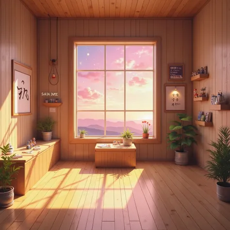 A cozy and aesthetic wooden room with warm sunlight streaming through a large window, casting soft, natural shadows. The wooden planks on the floor and walls are smooth and polished, with a hint of rustic charm. In the center, a minimalist yet stylish disp...