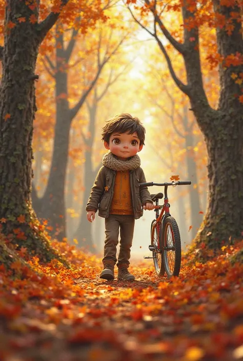 Generates the image of a boy in an autumn landscape, in a forest , that he is dressed in a jacket, a sweater , some pants and some shoes and that he has a bicycle nearby.