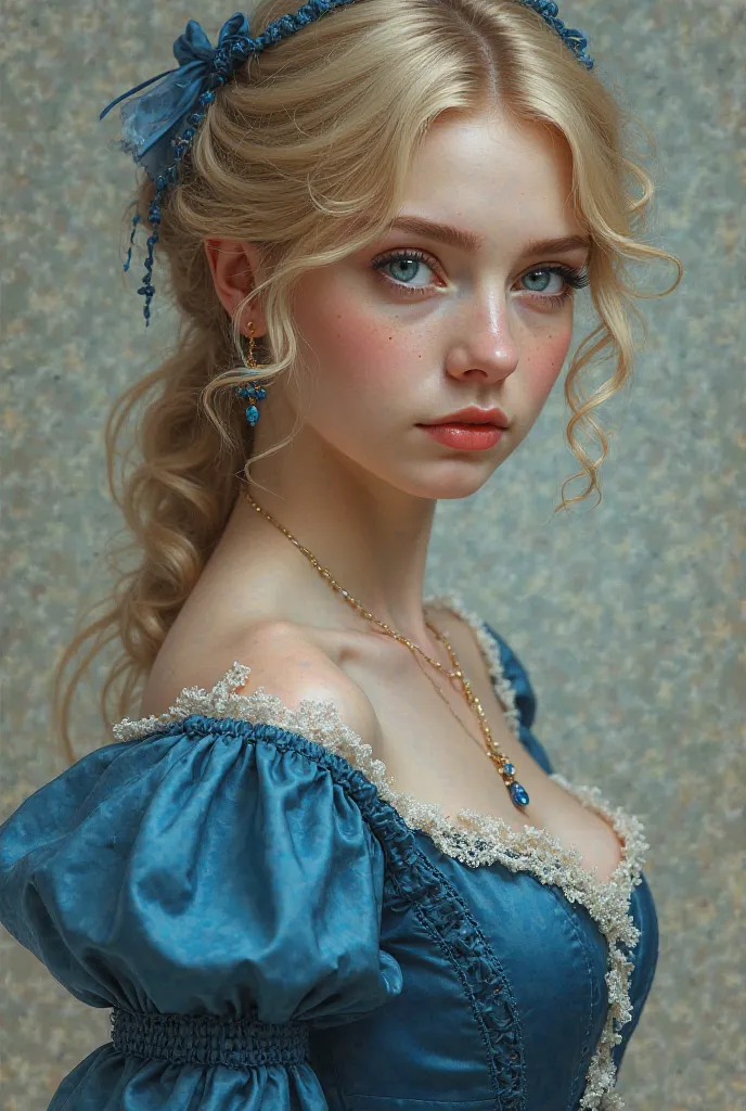 A girl with victorian blue clothes, blue eyes and blonde hair