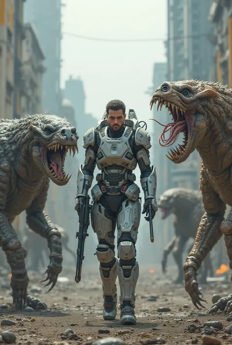 A man with an exoskeleton on him. Weapons in his hands. Fights medium-sized monsters, on 4 legs with jaws full of sharp teeth. In a devastated futuristic universe. 