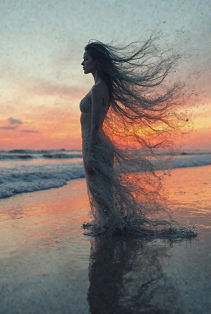 Alta calidad, 8K ultra HD, Una hermosa  double exposure que combina una silueta de diosa con la costa al atardecer, the coast at dusk should serve as a backdrop,  with its details incorporated in the goddess, sharp lines, The background is monochrome, shar...