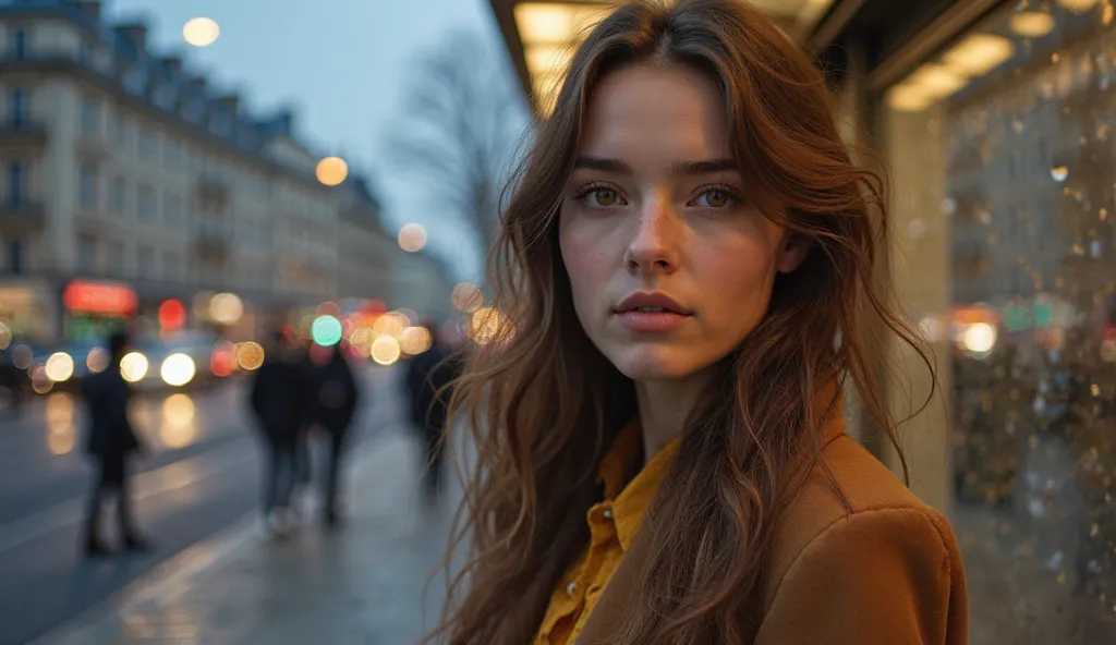  A 24-year-old woman ,  with long and slightly wavy brown hair . Your eyes are light brown,  full of life .  She has a delicate face ,  fair skin and a serene expression . She wears a yellow blouse and a brown coat over. In the background a simple bus stop...