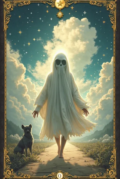 The Fool (Arcana 0) / El Loco (Arcano 0)
English:
"A little ghost dressed in flowing robes, walking along an ethereal path that fades into the distance. The ghost is light and carefree, with an expression of curiosity and wonder. The sky is cloudy and lumi...