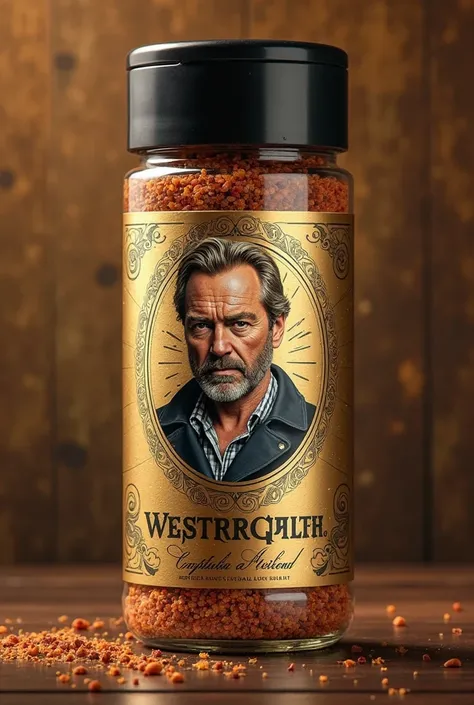 Create me a spice gold lable with the top heading captain willem in bold and use a reference to guy looking like Rob Lowe 