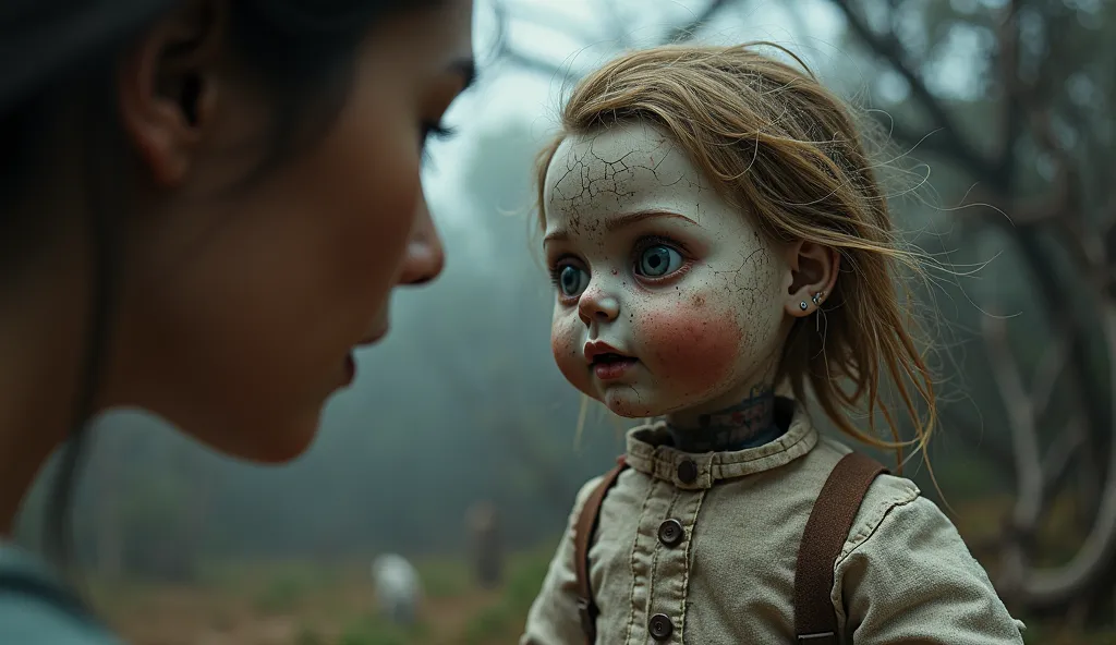 A hyperrealistic close-up of a tourist staring intently at an eerie, decayed doll on the Island of the Dolls, Mexico. The tourist's face is partially visible, showing an expression of unease and fascination. Their eyes reflect curiosity and a hint of fear ...