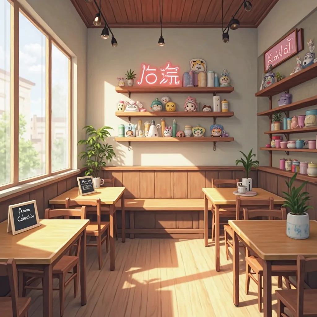 A warm and inviting anime-themed café interior with wooden tables and soft ambient lighting. Sunlight filters through large windows, casting gentle shadows on the polished wooden floor. The background features a stylish phone case display with a small chal...