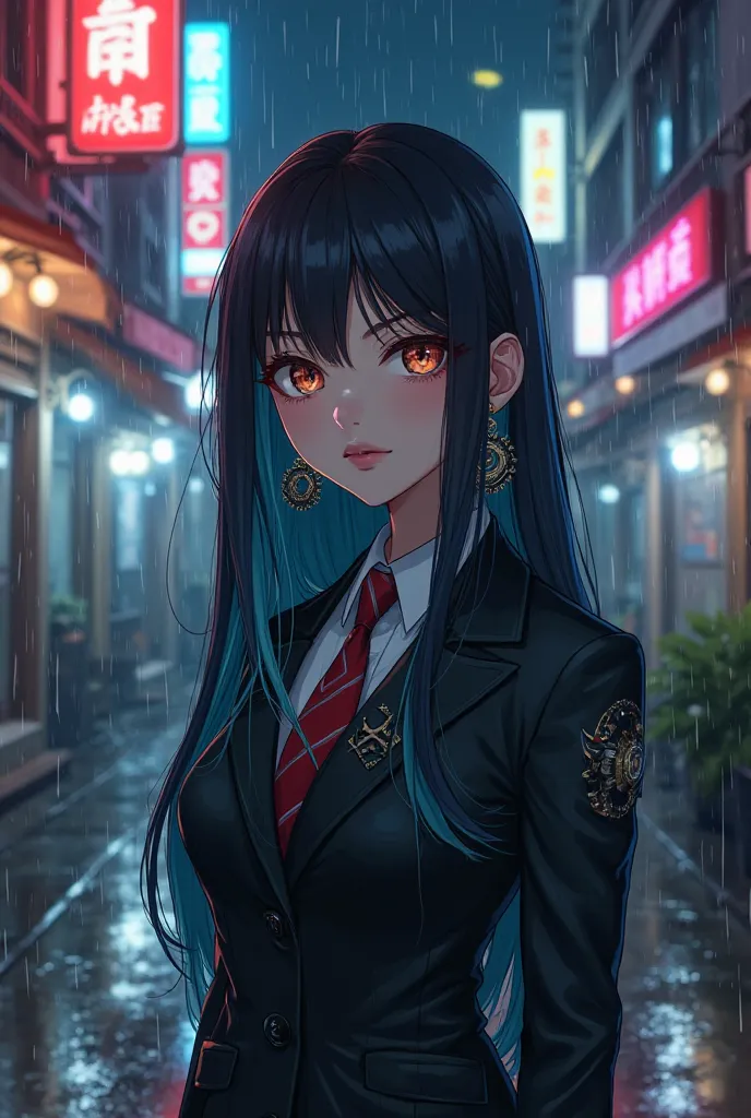 Chinese anime girl, 29 years old, black long straight hair with cyan gradient tips, 
mechanical gear earrings, almond-shaped eyes with heterochromatic pupils (left: dark brown with gear patterns, right: normal), 
wearing a tailored suit with subtle circuit...