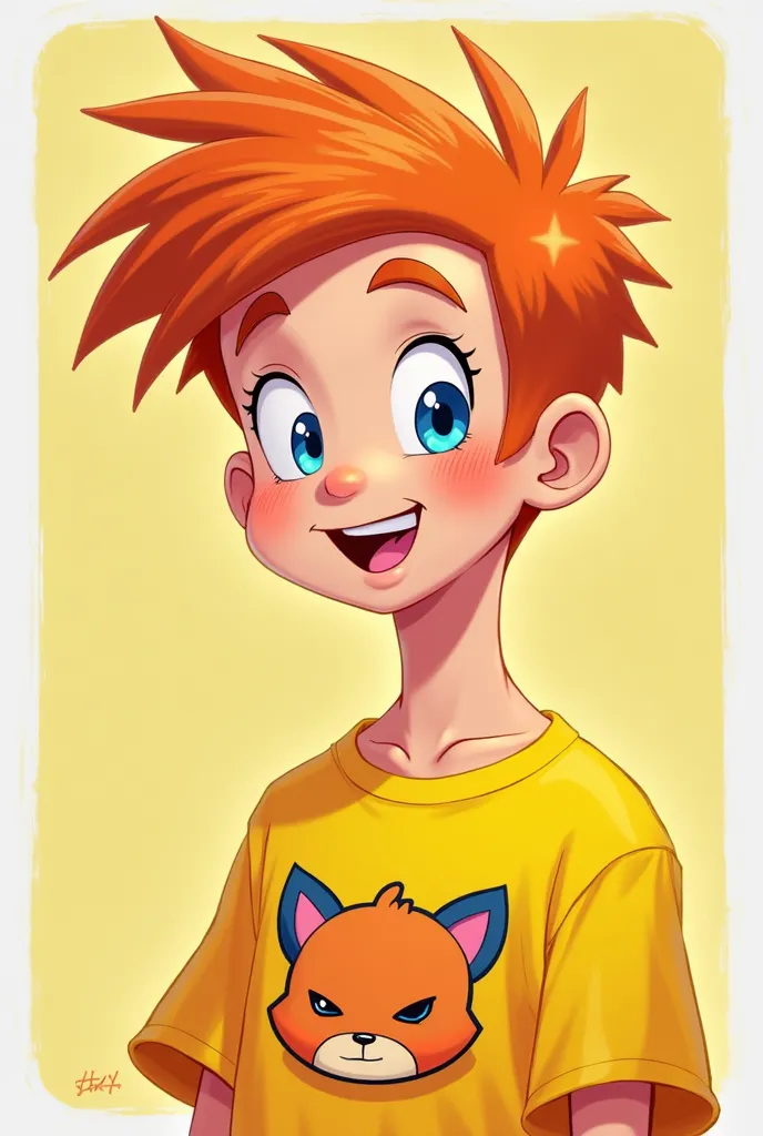 20-year-old orange-haired young man with yellow chibi shirt