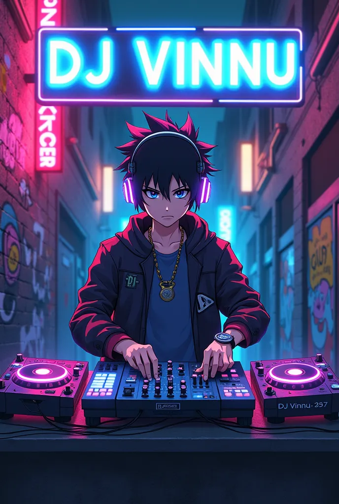 **Poster Script:**  

*Scene:* A **dark urban alley** with a **brick wall** in the background, glowing with cyberpunk-style graffiti. A **neon signboard** hangs on the side, flickering with digital sound waves.  

At the center, a **cool anime boy DJ** wit...