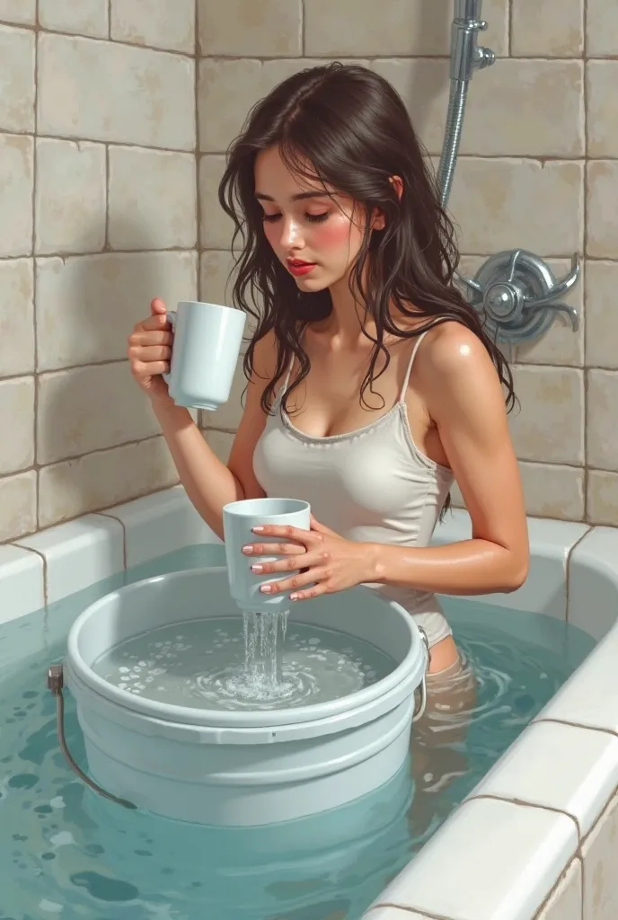  girl is taking a bath with a bucket and mug, not naked; the bucket is bigger than the cup ; the same, but don't make the cup look like a coffee cup; I'm currently taking a bath; With a wet shirt; Pour over yourself with water 