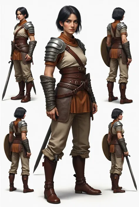 "Medieval female warrior character sheet. The character is a strong and skilled warrior with a weathered face and determined expression. She has short, dark hair and piercing blue eyes. She wears practical leather armor over a simple tunic and trousers. Sh...