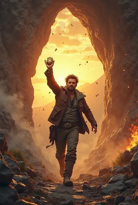  dramatic scene of a adventurer standing triumphantly outside a collapsing cave, holding a glowing golden amulet (the heirloom) in their hand. The cave entrance is crumbling behind them, with rocks falling and dust clouds rising. The adventurer has a deter...