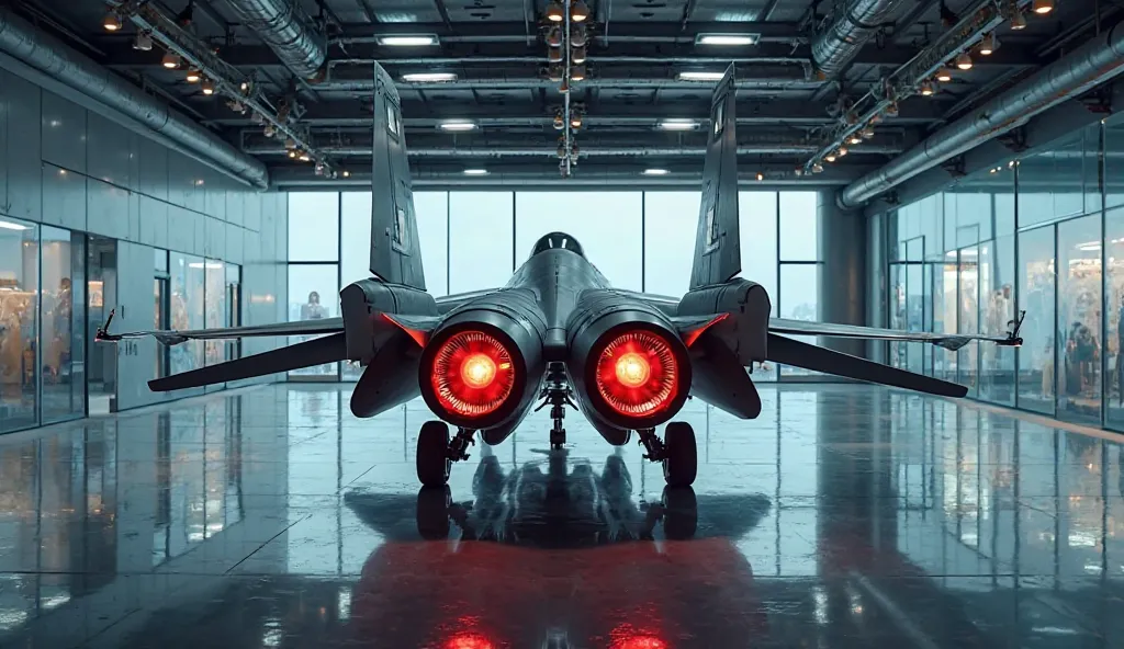 "A high-definition back-side view of a JF-17 Thunder fighter jet in a sleek charcoal color, showcased in a futuristic, high-tech showroom. The afterburner nozzles and tail fins are prominently displayed, reflecting bright spotlights. The glossy showroom fl...