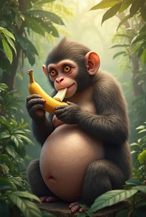 A pregnant monkey eating a banana 