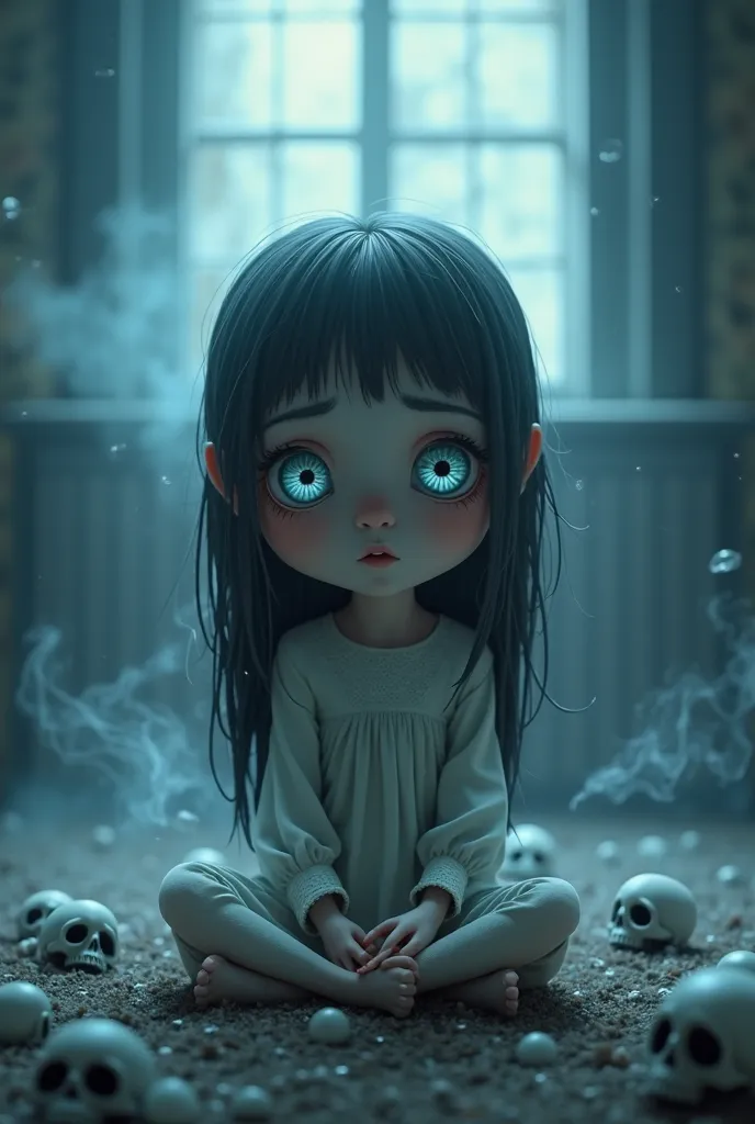 A creepy yet adorable cartoon character of a young girl with pale skin, large hollow eyes resembling a haunted doll. The girl has long straight hair, wearing a simple dress, sitting cross-legged in a spooky and eerie room. The atmosphere is filled with mis...