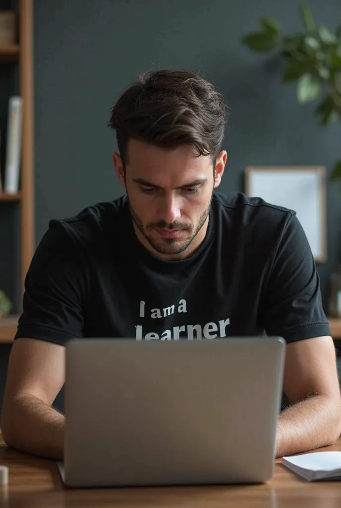 Create a man working on his laptop wearing a black tshirt in his tshirt write i am a learner  i want this for my yt channel logo  with learnering  environment his face will hide