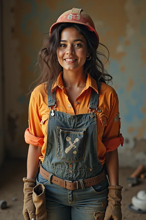 Full body shot of mexican curvy female construction worker, Messy hair, no makeup, work uniform, dirt on skin and clothes, builds a house, photorealistic, sharp focus, cinematic lighting, high detail, Full body, ultra HD, 8K resolution