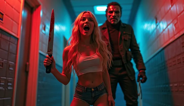 A high-intensity horror thumbnail featuring a stunningly attractive age girl with long, wavy blonde hair, wearing a tight, stylish outfit that highlights her figure. She has wide, terrified eyes and an open mouth as she screams in fear, gripping a large, b...