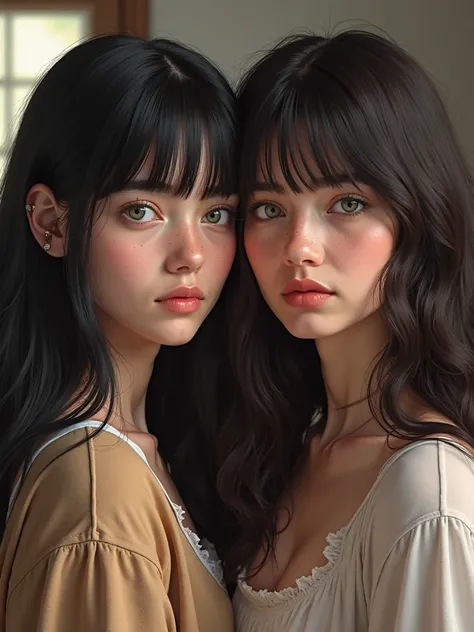 two seventeen-year-old women, white one with straight black hair, round face, green eyes, BRITISH FEATURES , high, the other with wavy black hair with bangs. realistic 