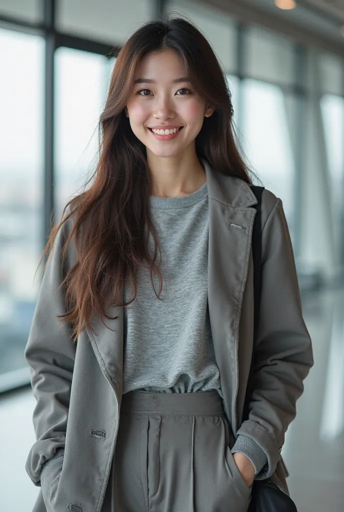 Beautiful Korean girl is at the airport wearing her coat and grey top with grey baggy pants and she is smiling 
. Face shape: oval, with gentle, harmonious features.
Eyes: Large, slightly almond-shaped, with a tful look (gray-brown, which adds to her myste...