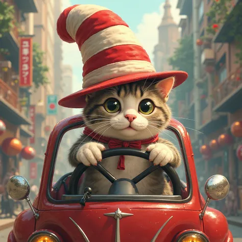 cat in a hat driving a car