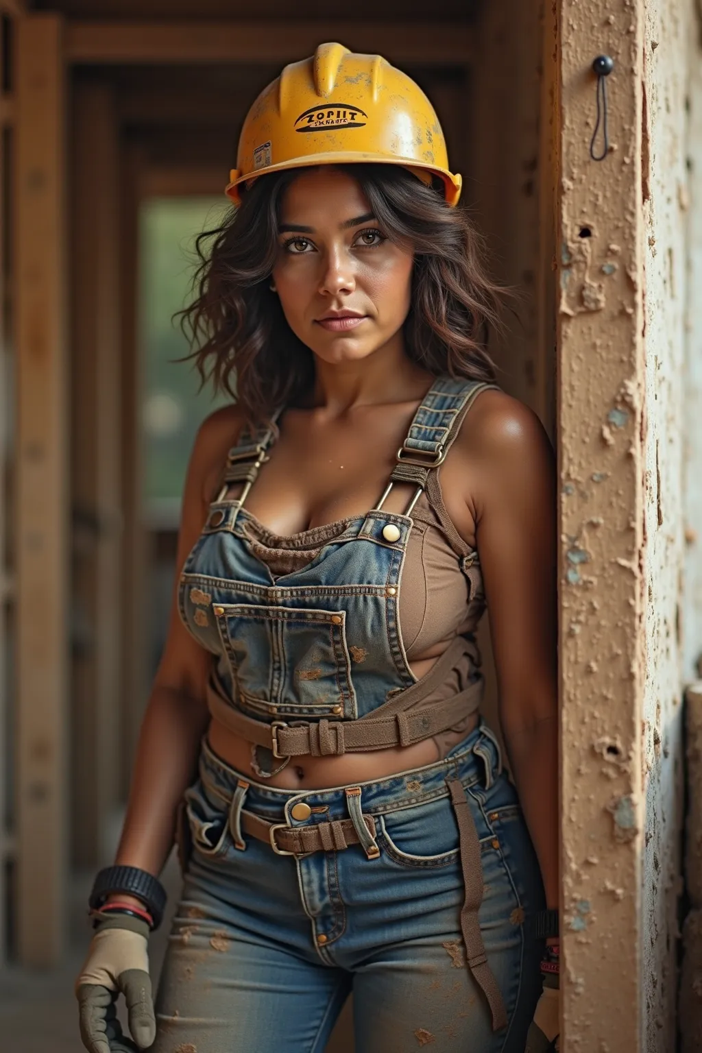 Full body shot of Mexican curvy female construction worker builds a house, Messy hair, no makeup, work uniform, dirt on skin and clothes, photorealistic, sharp focus, cinematic lighting, high detail, Full body, ultra HD, 8K resolution