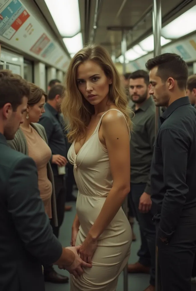 NSFW, realistic, masterpiece, (detailed scenario of the interior of a VERY crowded subway train), (detailed background of the interior of a VERY crowded subway train), insanely hot (woman 1), full body, (expression of fear), flushed face looking at the cam...