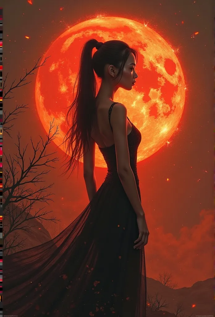 a sexy chinese woman's silhouette, Red Orange outline, ultra dark, dire, on the moon, louboutins high heels, ponytail,ultra slick hair,sexy