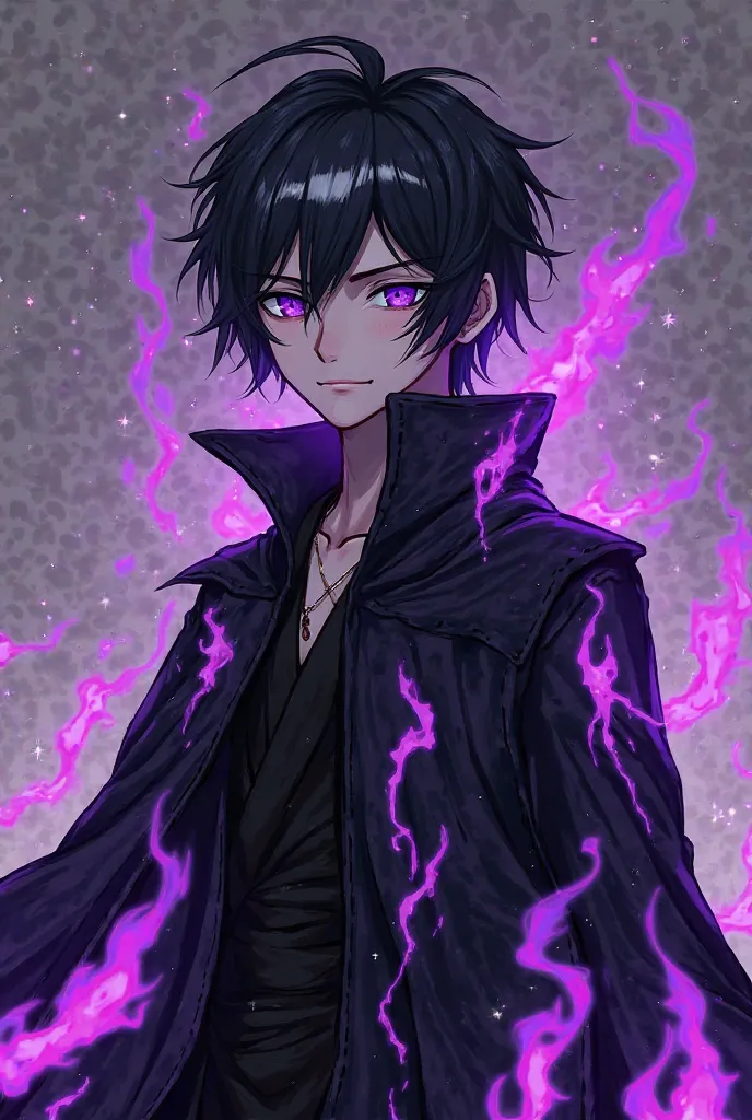 Kirito's hair with a white stripe, pale skin with bright purple eyes and shows an entire character wearing a black robe with a design of fixed purple flames