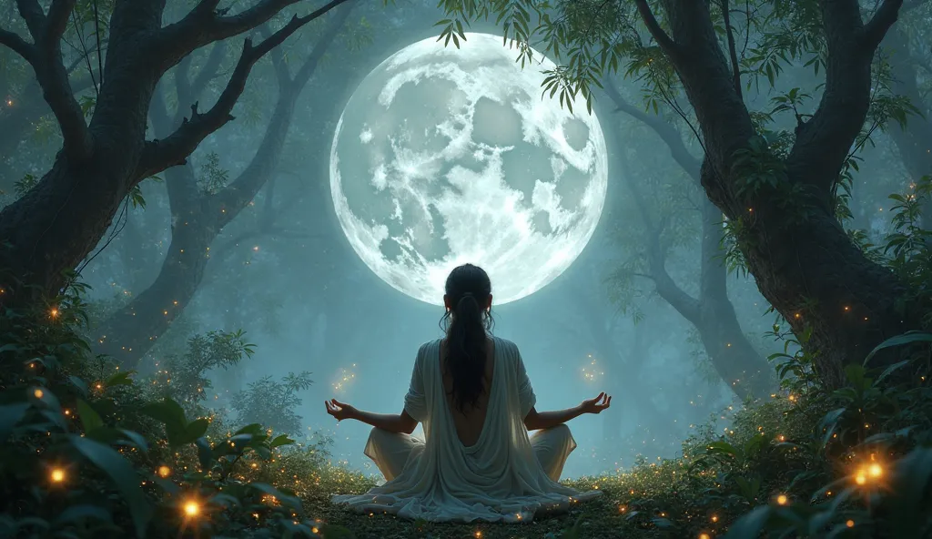 A woman in loose clothing meditates in the center of a clearing in the Amazon rainforest, surrounded by huge trees that seem to curve in reverence to the colossal full moon above her. The silver light crosses the leaves, creating mystical patterns on the g...