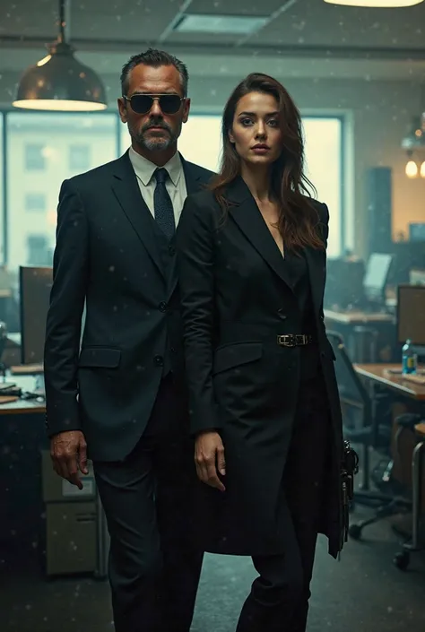 A man wearing his blind glasses and a spy girl in the office