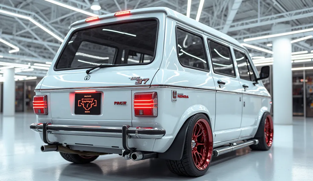 3D render of a heavily modified (1977 Honda acty van )in (white )colour, (back view) The car features , ultra-high-detail glossy and shiny modifications, including sleek add-ons. The (1977 Honda acty van) logo is prominently displayed on the, the (lights) ...